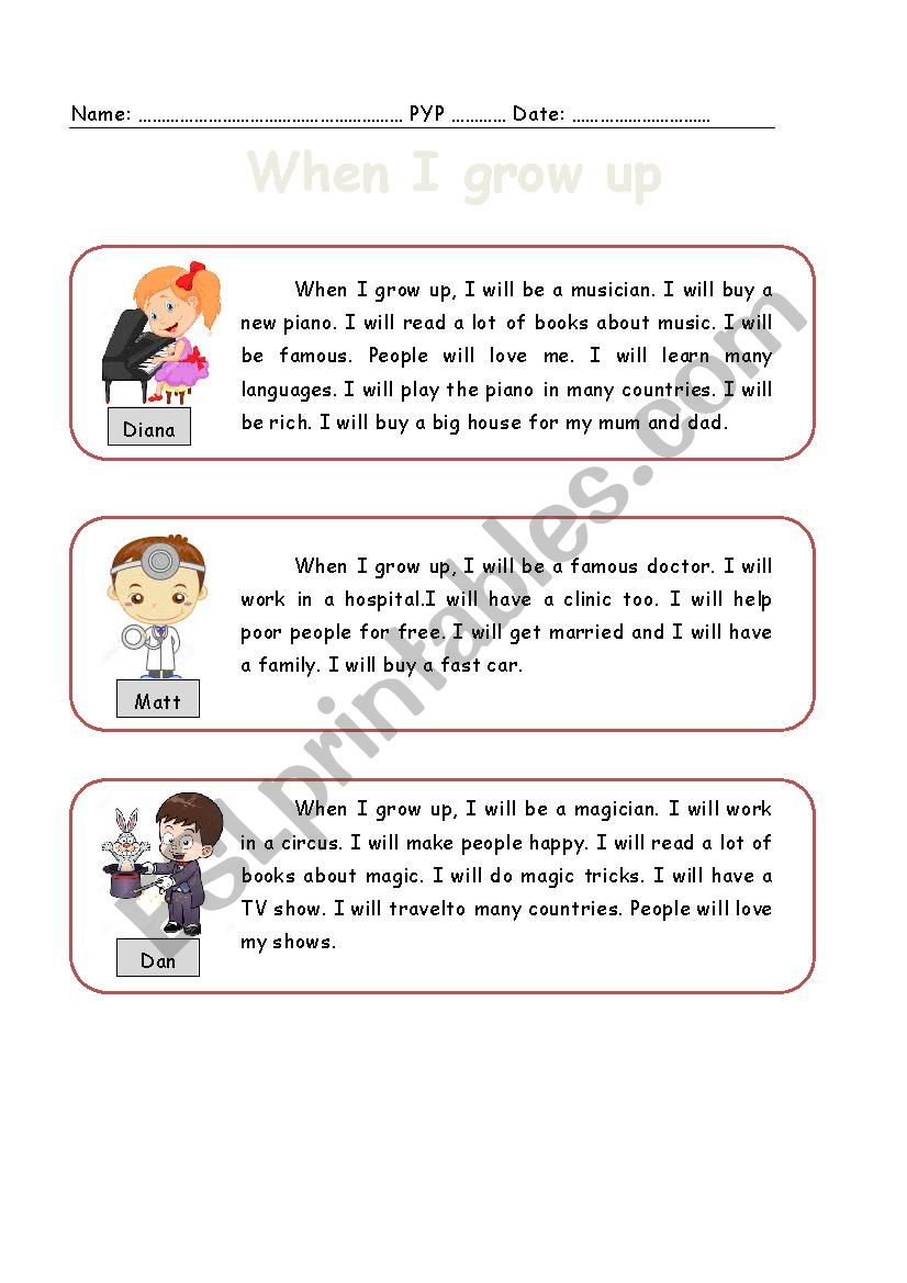 When I grow up, a reading comprehension passage - ESL worksheet by Regarding When I Grow Up Worksheet
