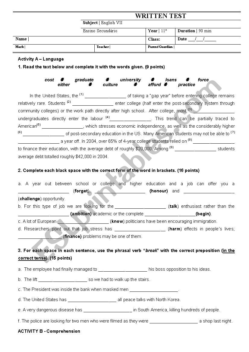 Written Test: Gap Year worksheet