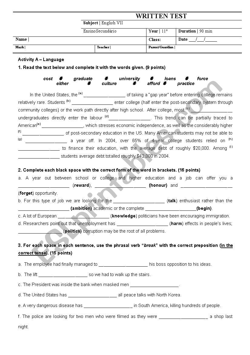 Written Test: Year Out worksheet