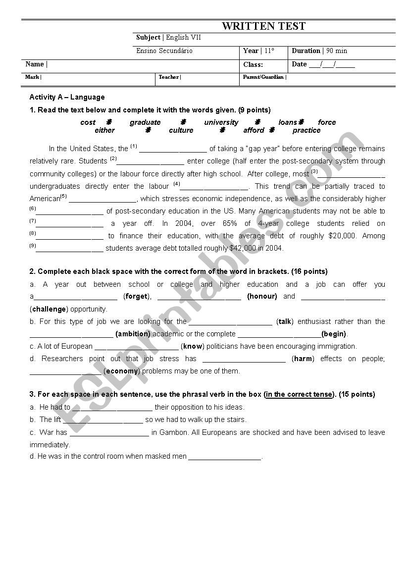 Written Test: Interships worksheet