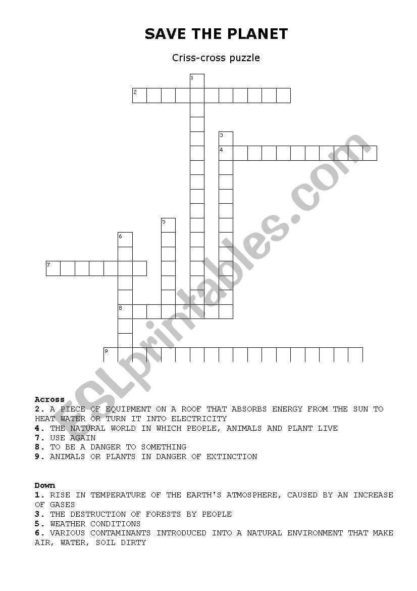 CRISSCROSS VOCABULARY EARTH SAVE THE PLANET