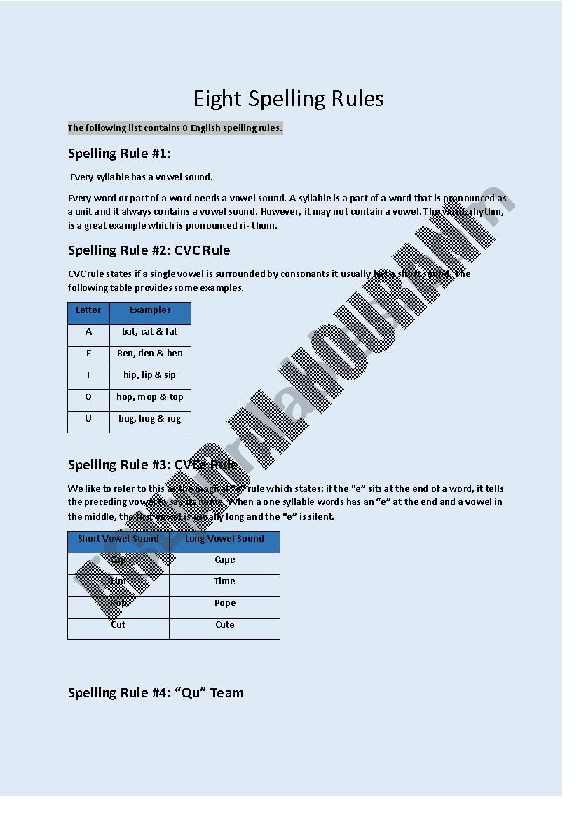 Eight Spelling Rules worksheet