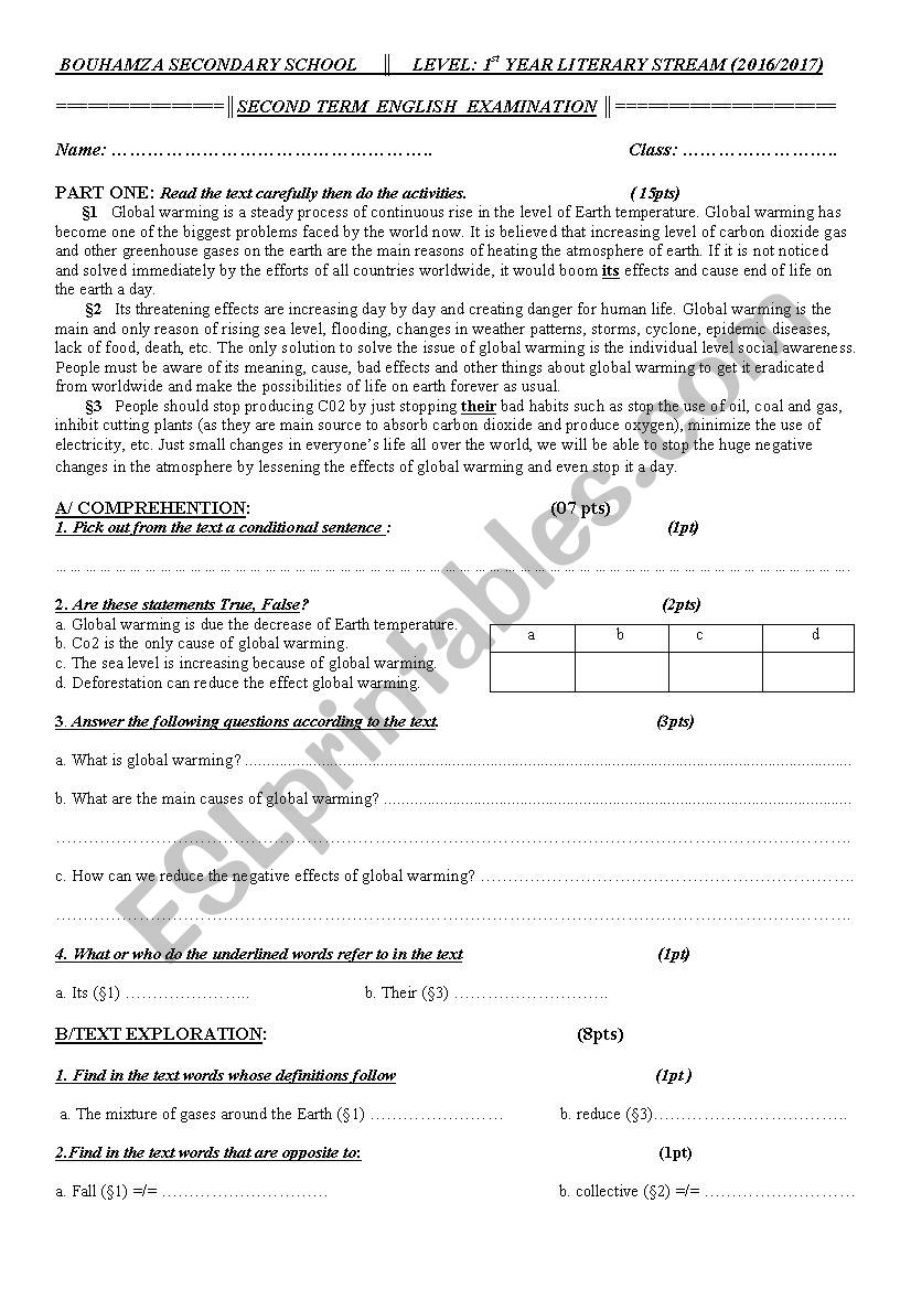 Global Warming worksheet