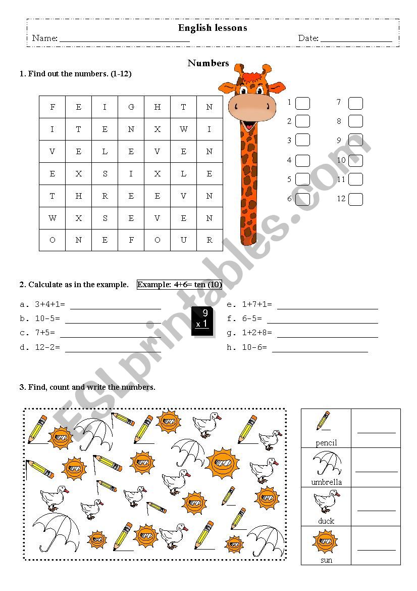 numbers 1-12 worksheet