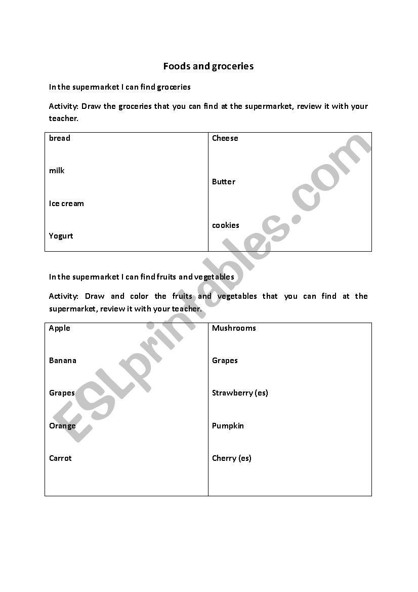 Foods and groceries worksheet