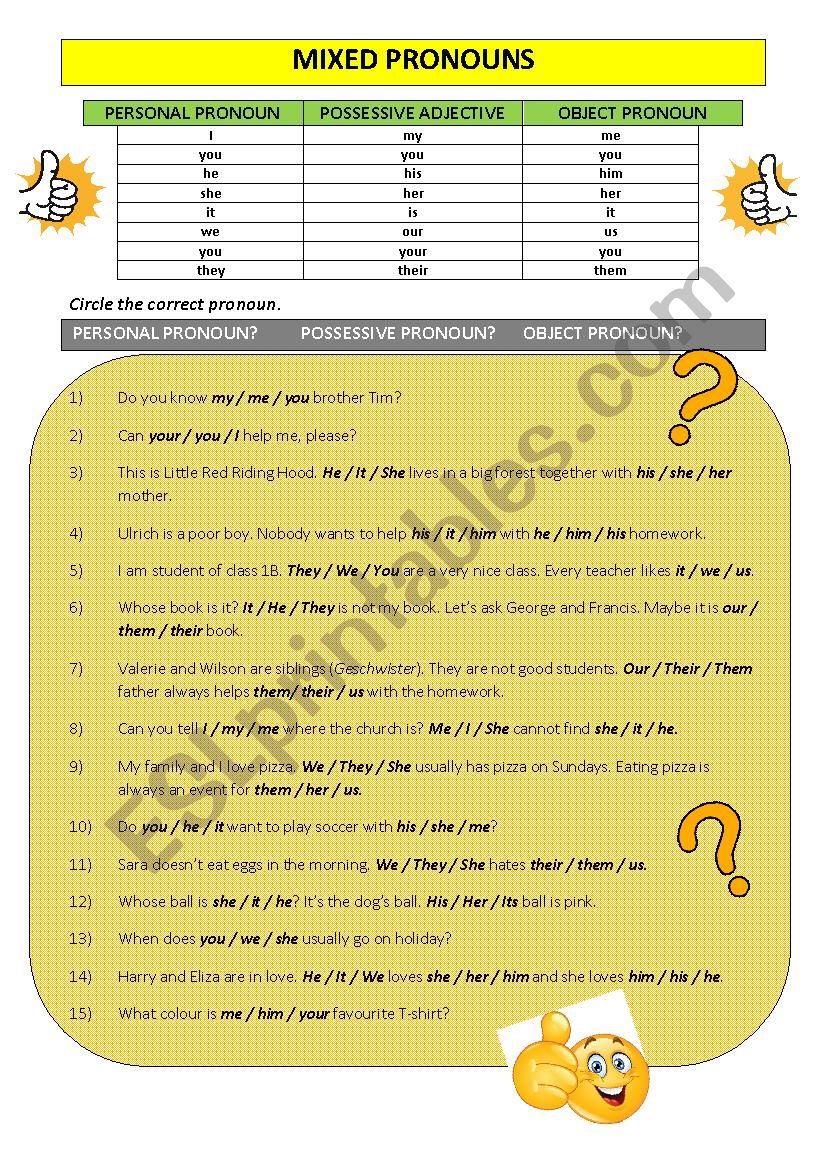 pronouns mixed worksheet