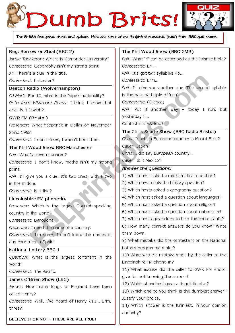 Dumb Brits!  worksheet