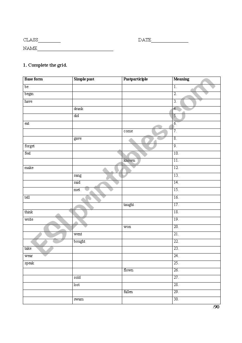 irregular verbs worksheet