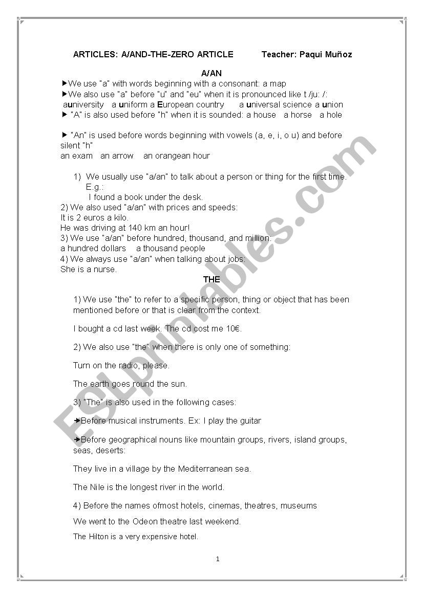 The article theory worksheet