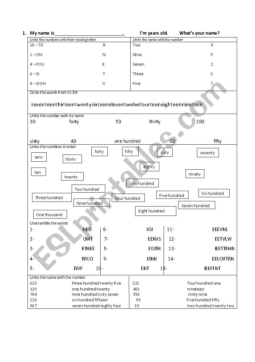 Numbers exercise worksheet