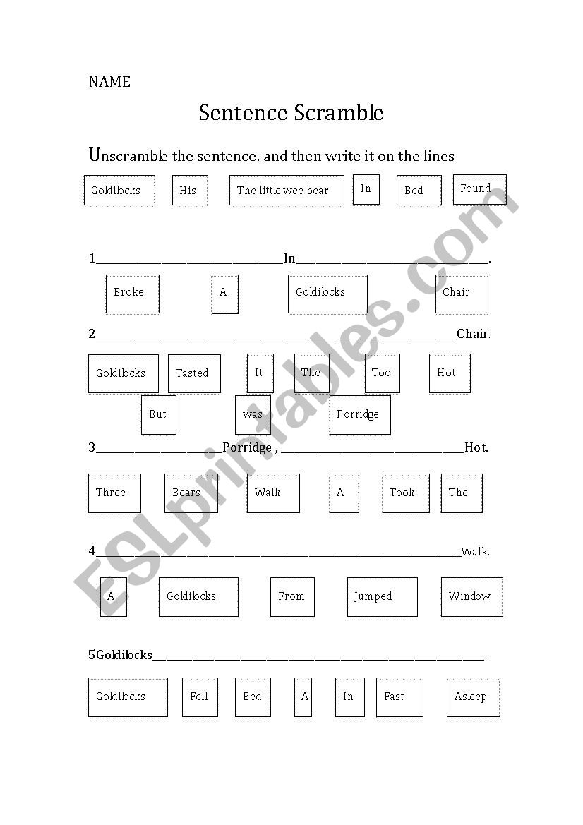 The three little bears  sentence scramble