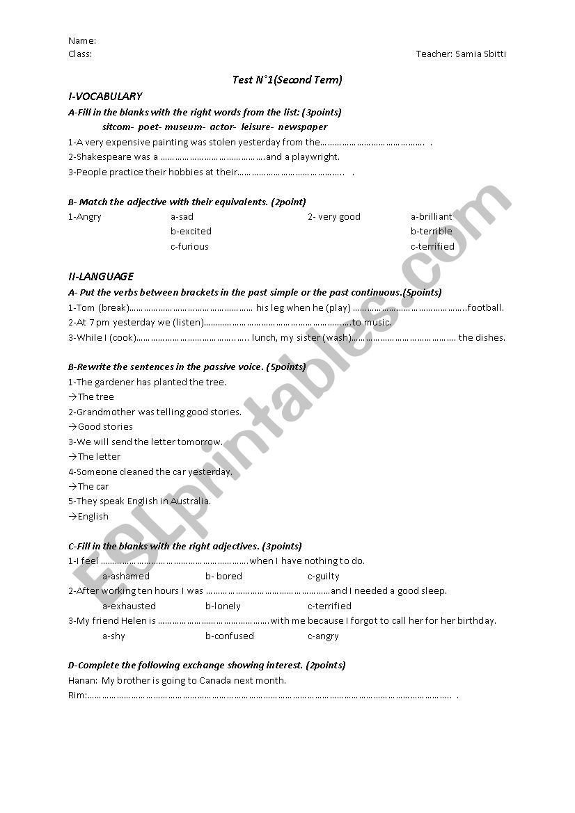 A test for first year baccalaureate students