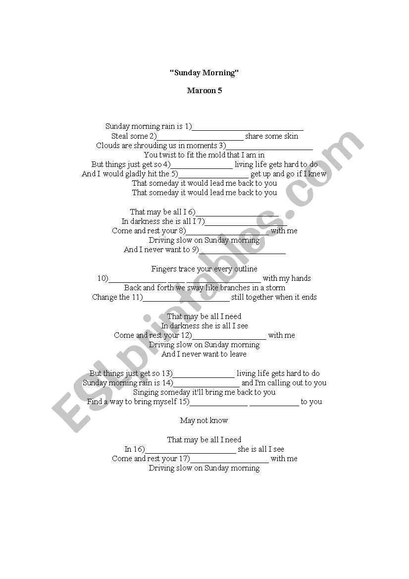 Sunday Morning - Maroon Five worksheet