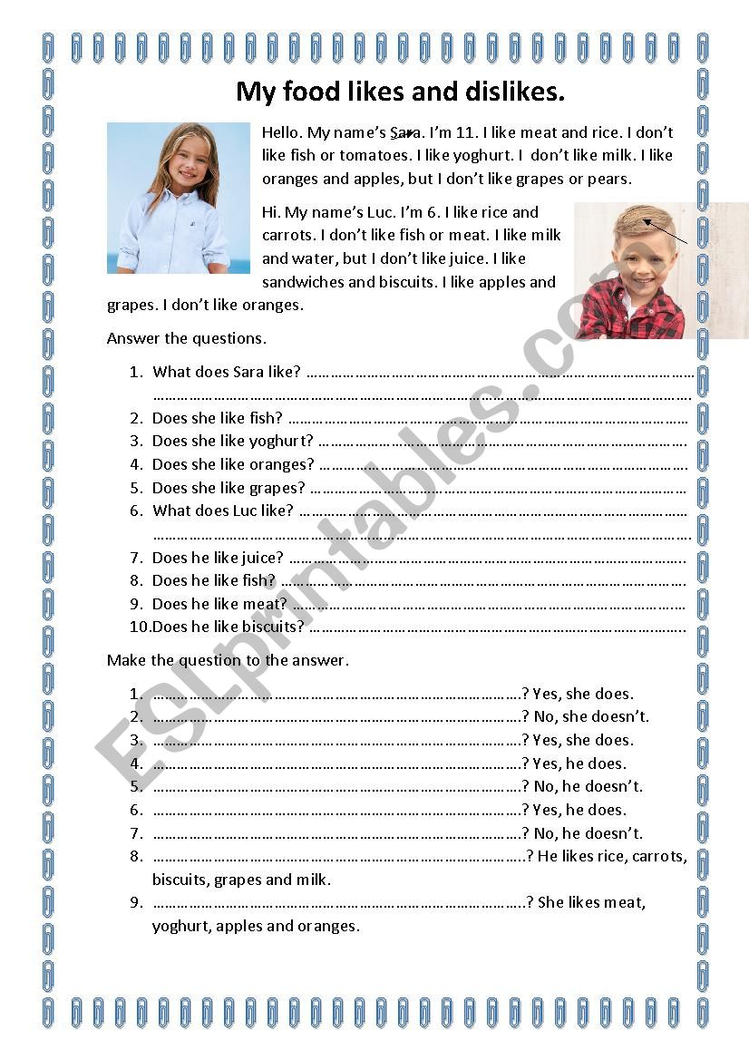 My food likes and dislikes worksheet