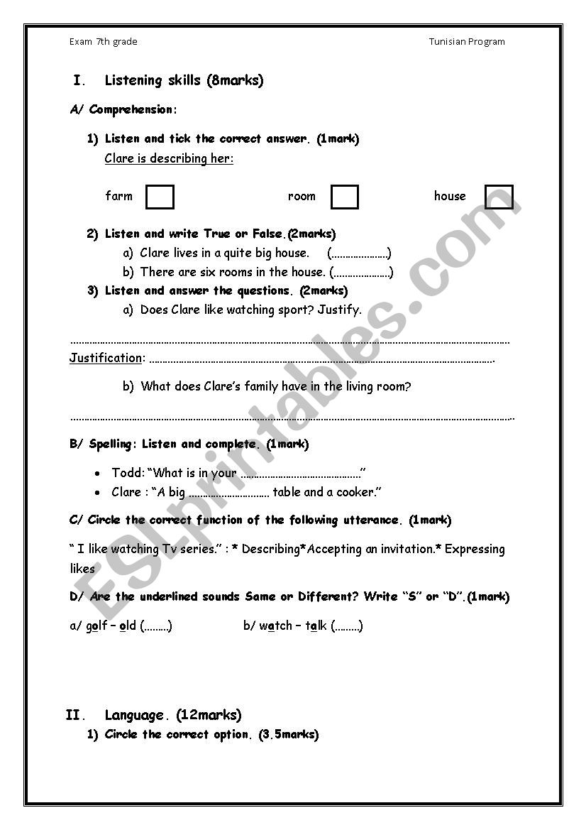 7th grade test  worksheet