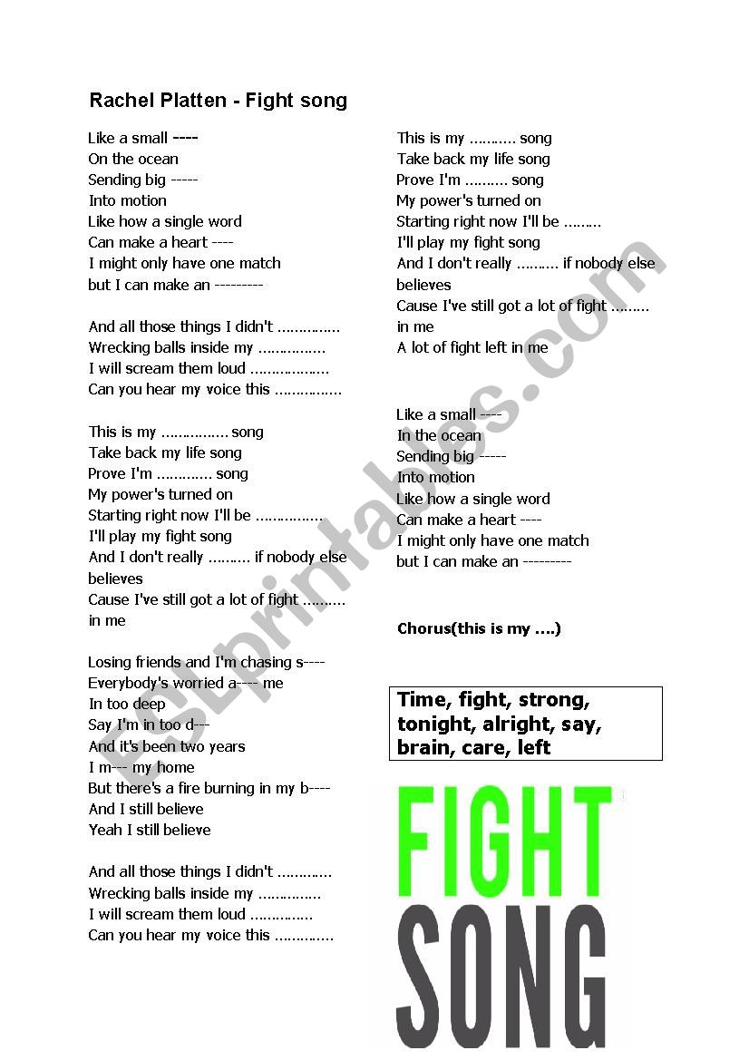 Rachel Platten - fight song worksheet