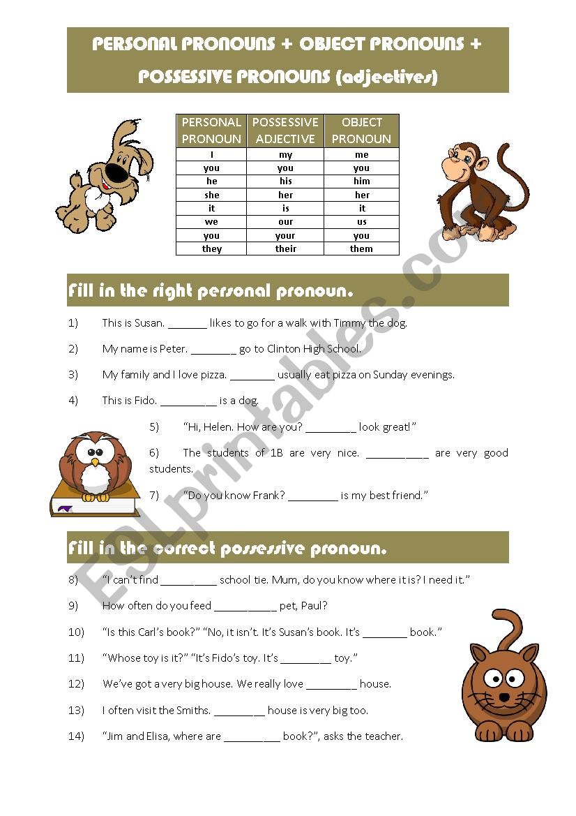 pronouns mixed worksheet