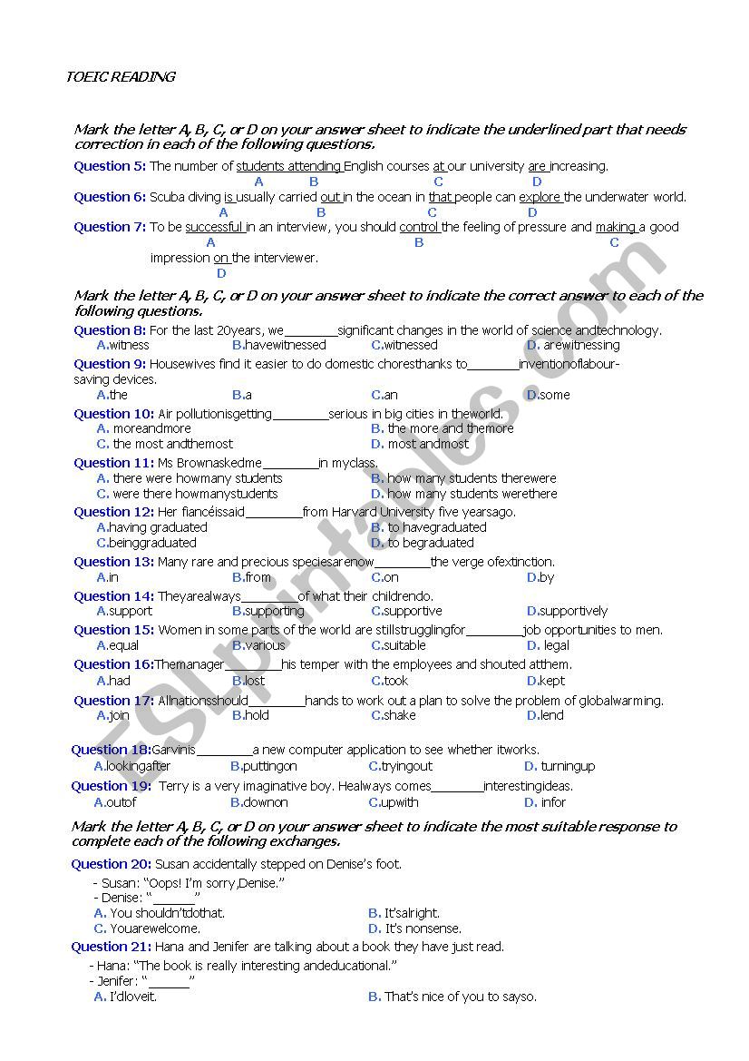 Toeic reading worksheet