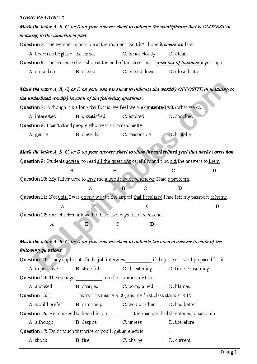 Toeic reading worksheet