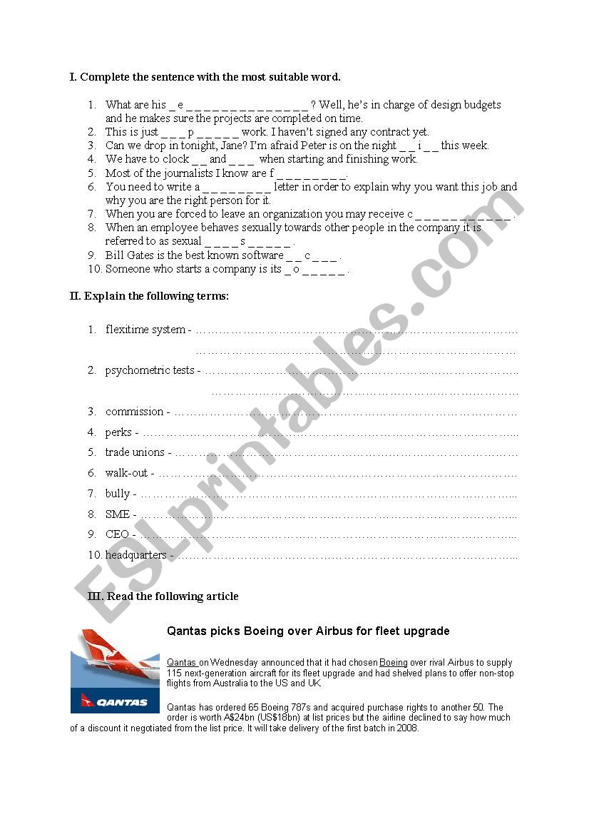 Business English test worksheet