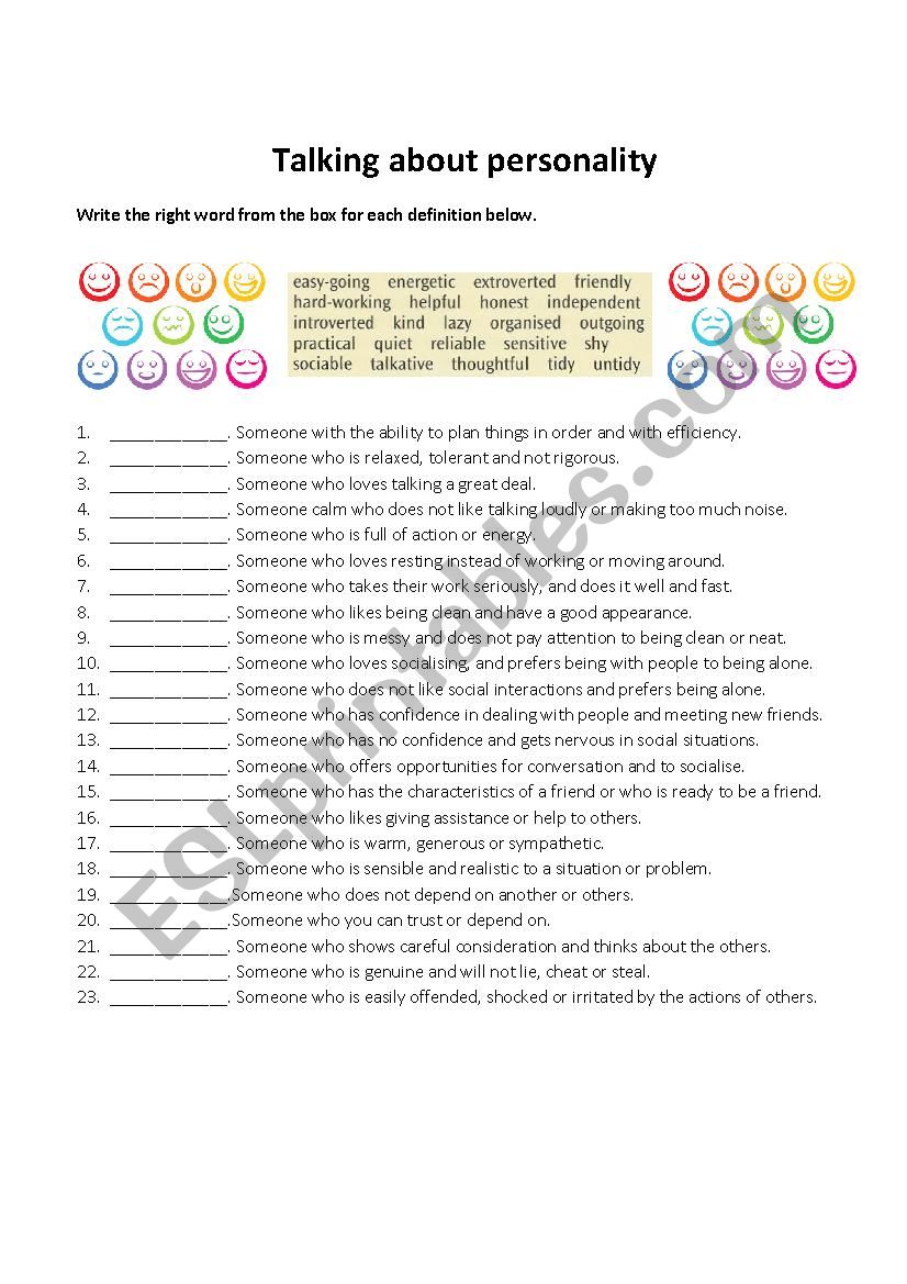 Personality adjectives worksheet