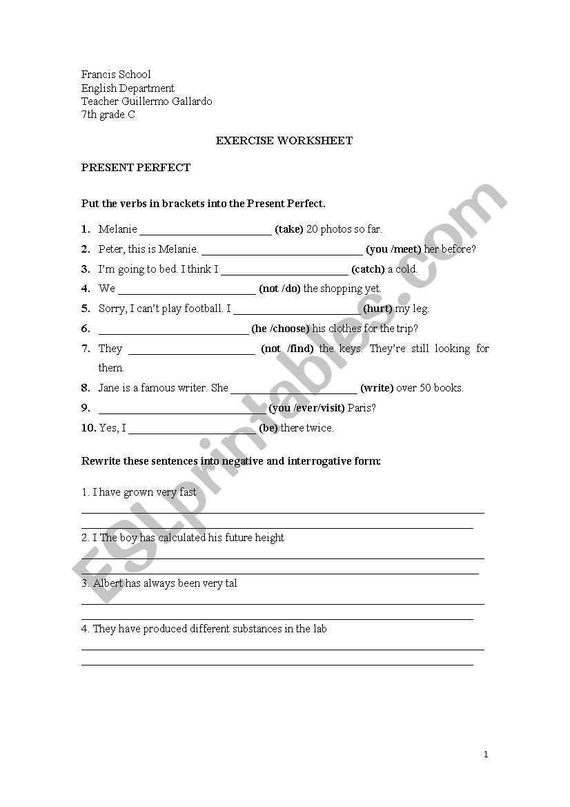 Present Perfect worksheet