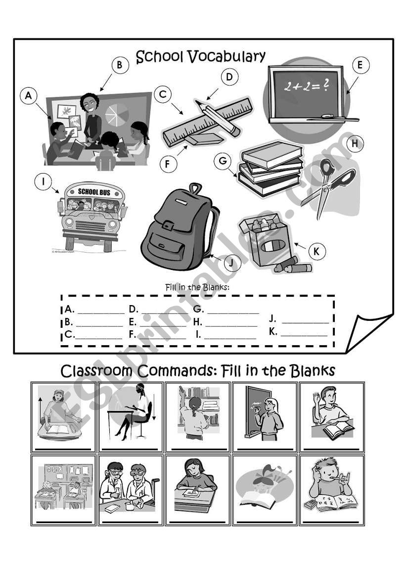 School and Classroom Vocabulary Fill in the Blanks - Greyscale