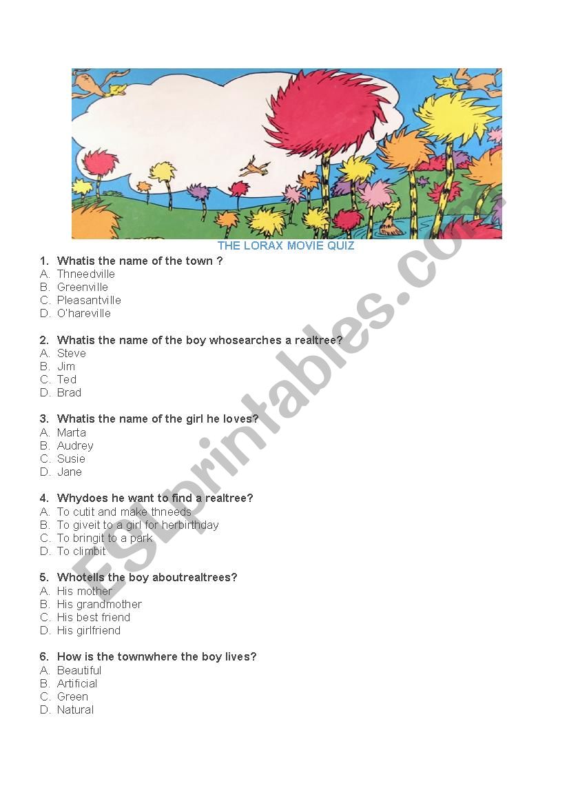 the lorax movie worksheet worksheet