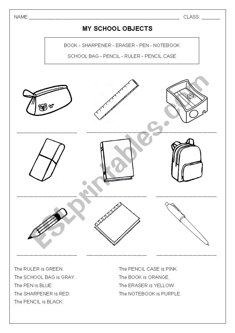 Download SCHOOL OBJECTS COLORING PAGE - ESL worksheet by jsmdel