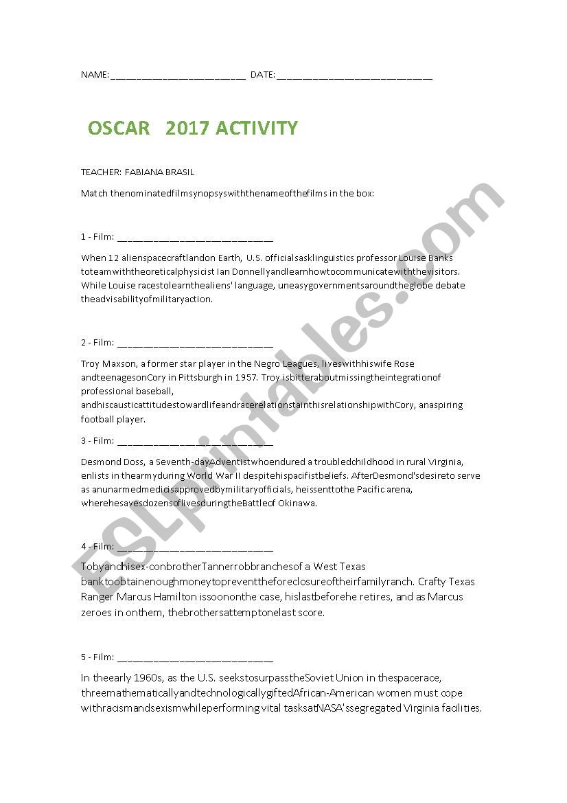 Oscar 2017 worksheet