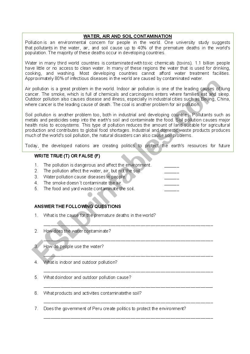 Pollution worksheet