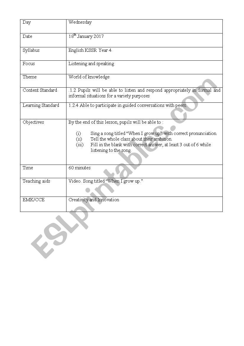 Lesson plan ambition worksheet