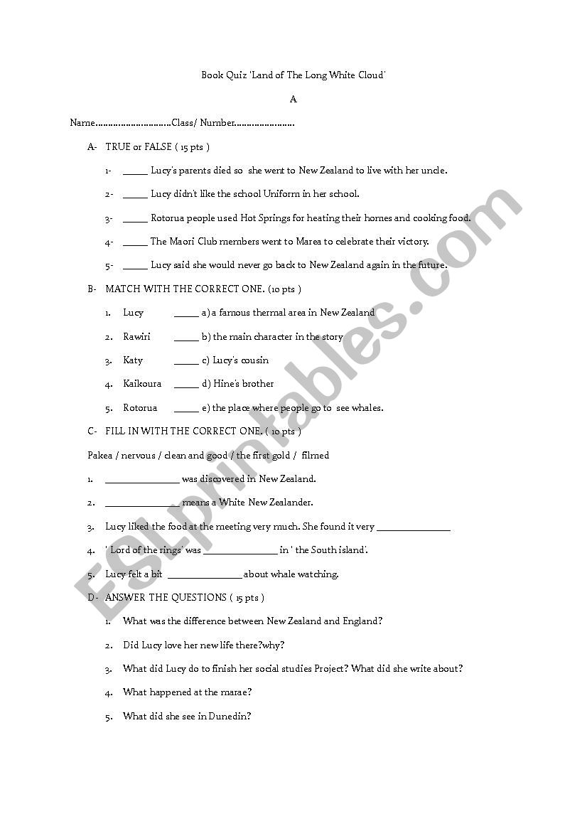 Land of the white cloud worksheet