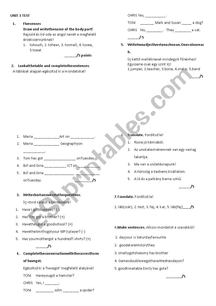 Test for Project 1 Unit 3 worksheet