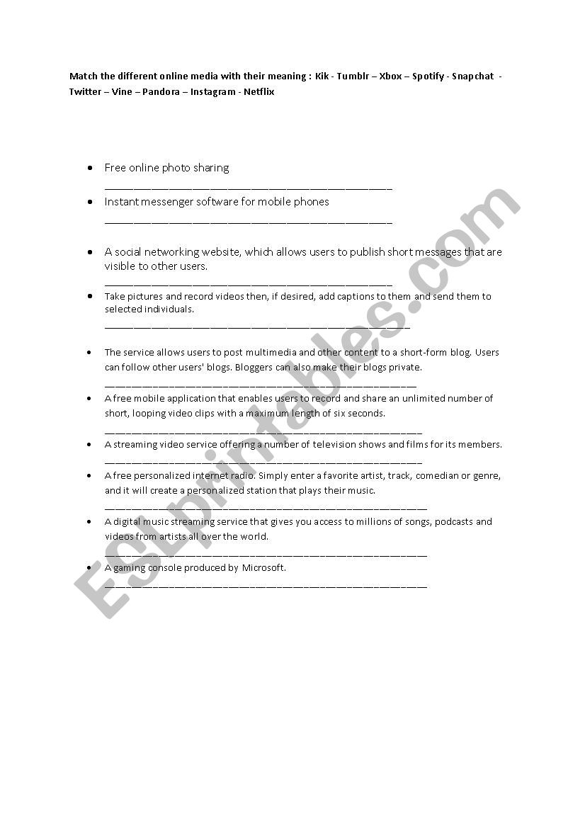 Online Media worksheet