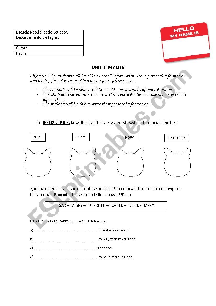 personal information and mood worksheet