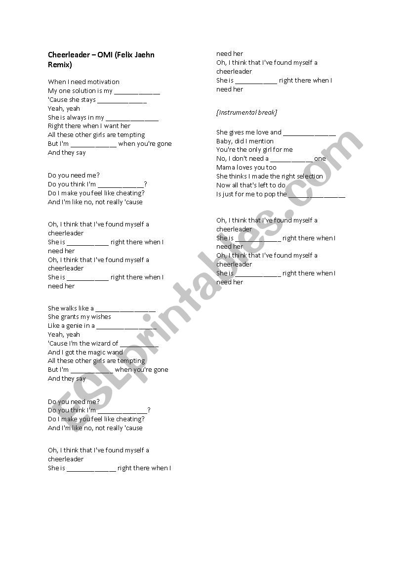 CHEERLEADER SONG worksheet