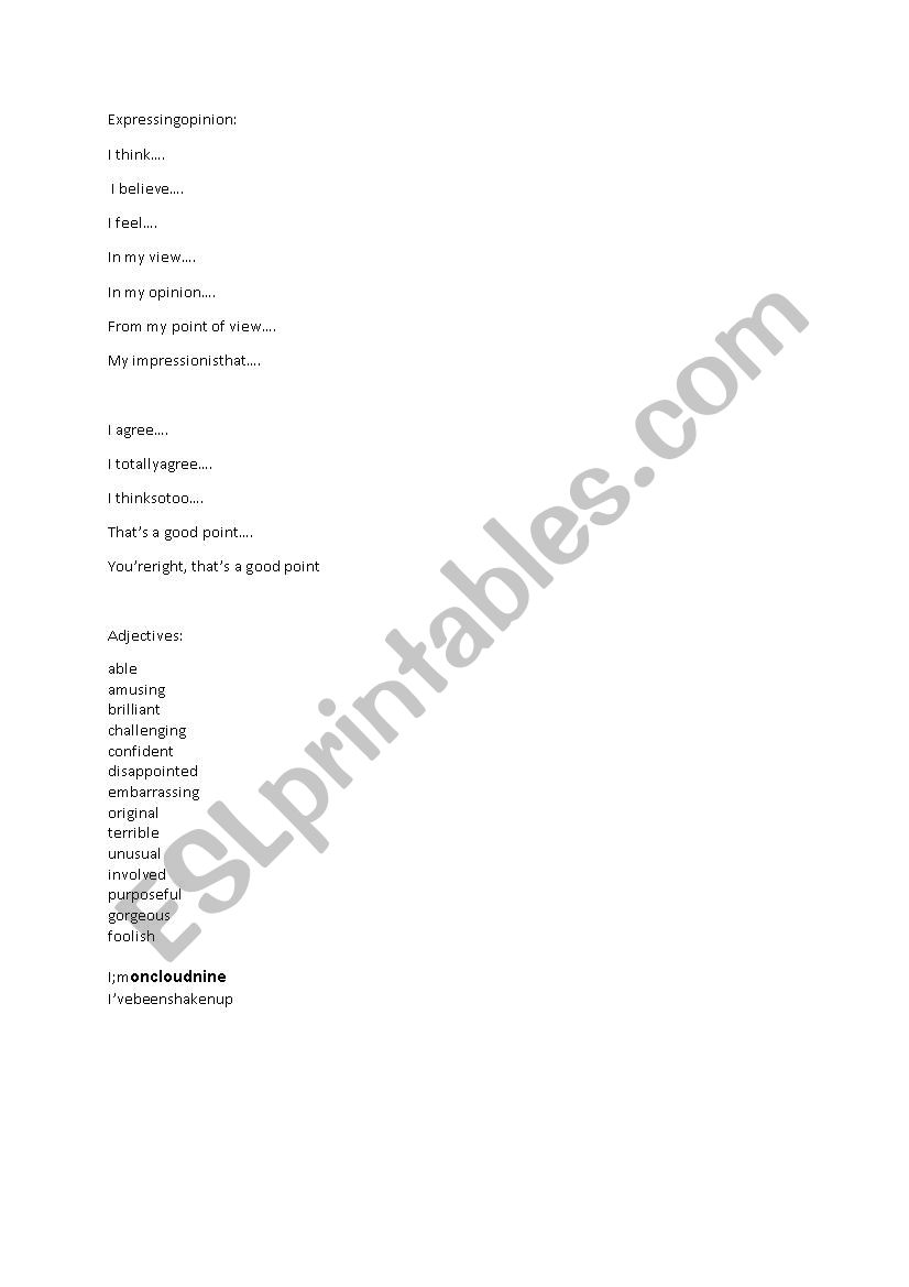 Expressing opinion phrases worksheet