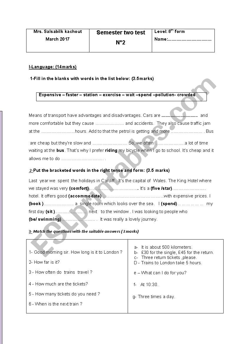 semester two test 2 worksheet