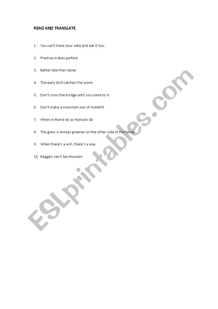 10 ENGLISH IDIOMS - PART ONE worksheet