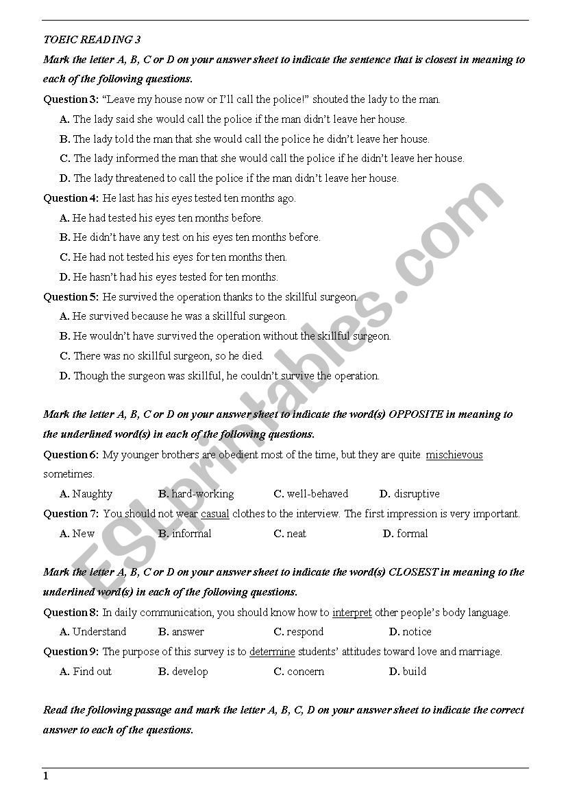 Toeic reading worksheet