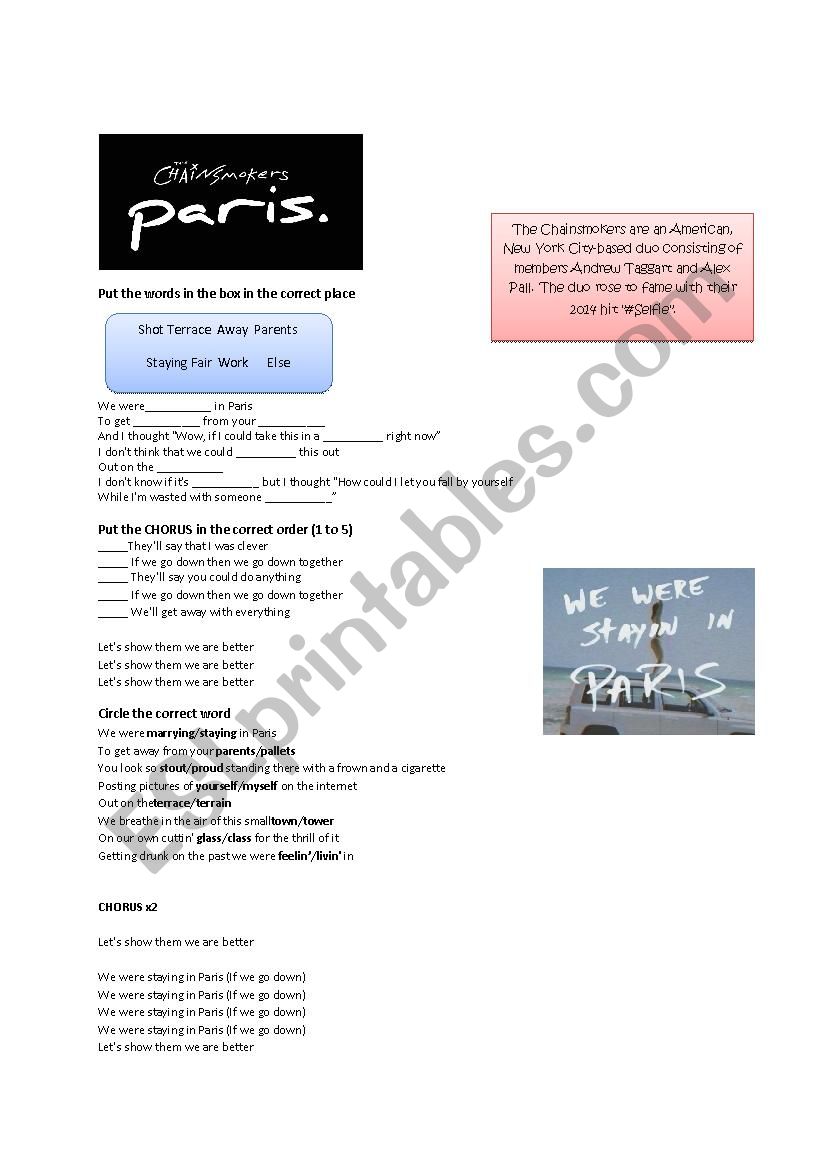 Paris by The Chainsmokers worksheet