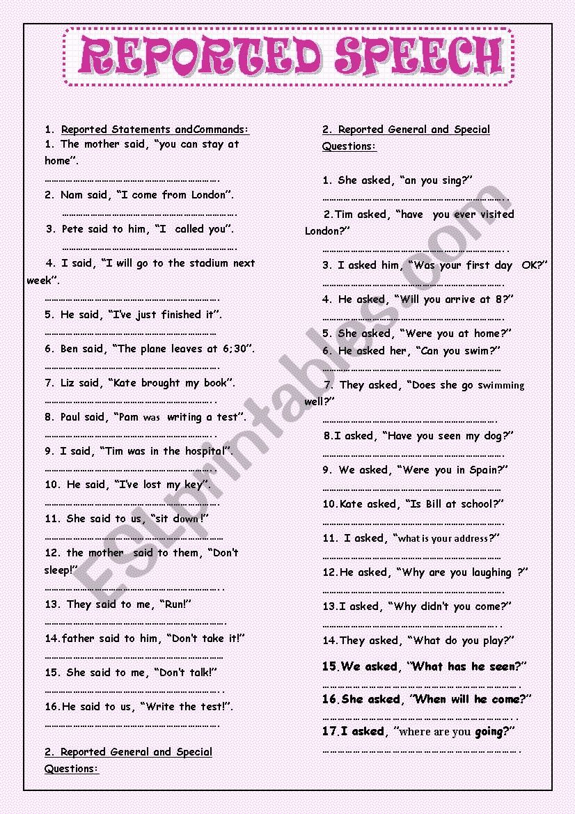 quoted and reported speech worksheet