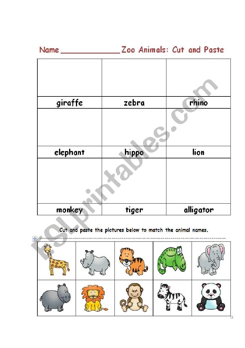 Zoo animals - Cut and paste worksheet
