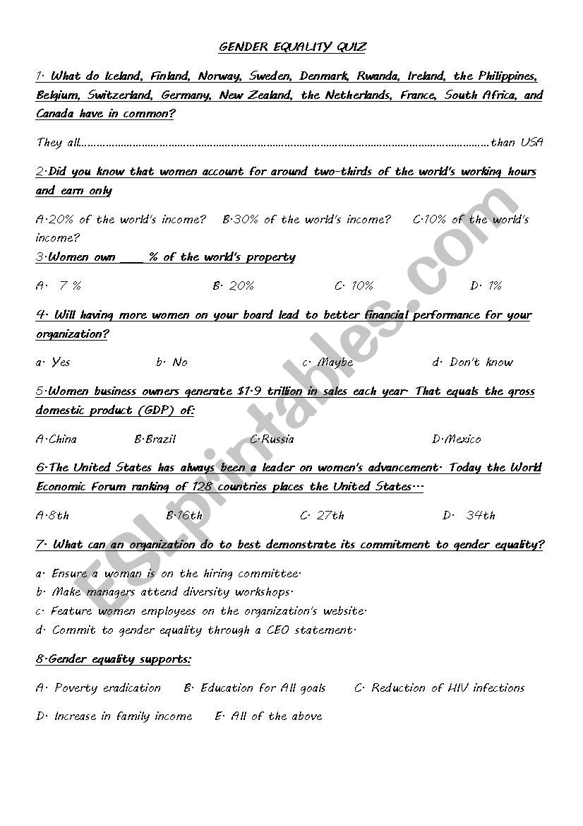 GENDER EQUALITY QUIZ worksheet