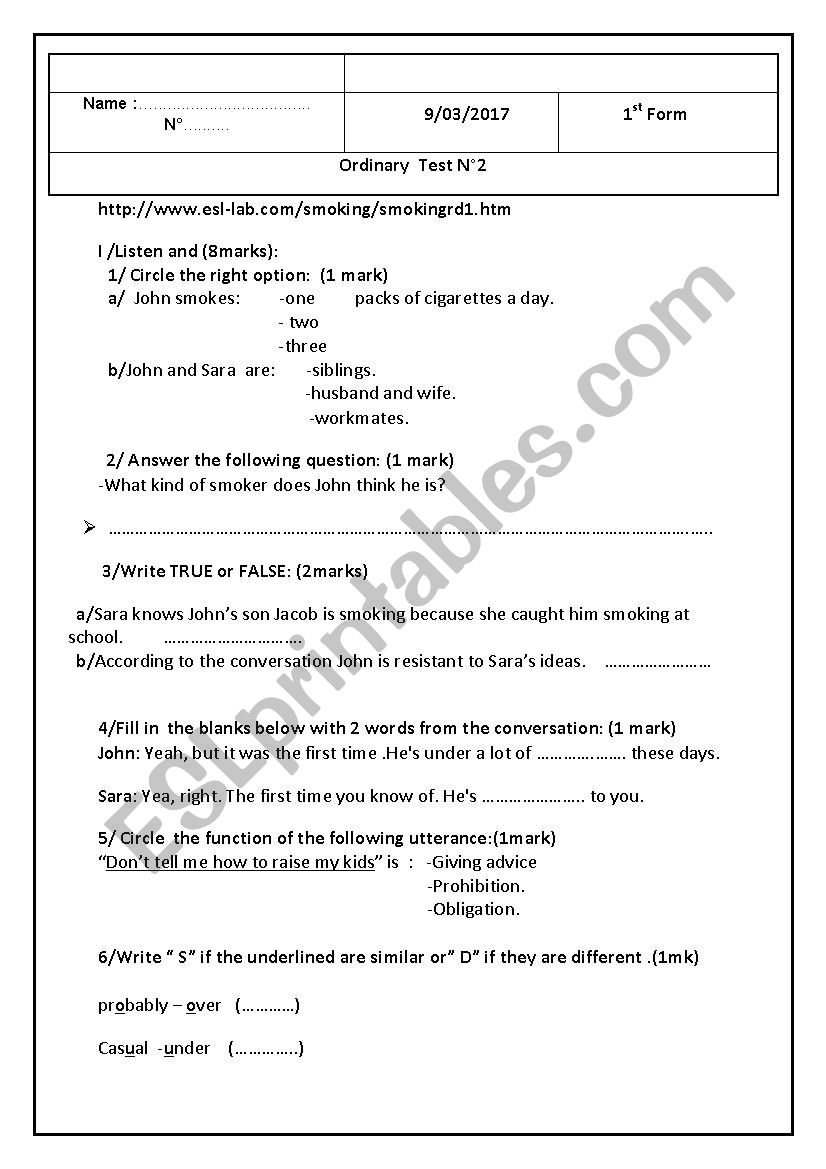 Mid Term test 2nd semester   1 st  form