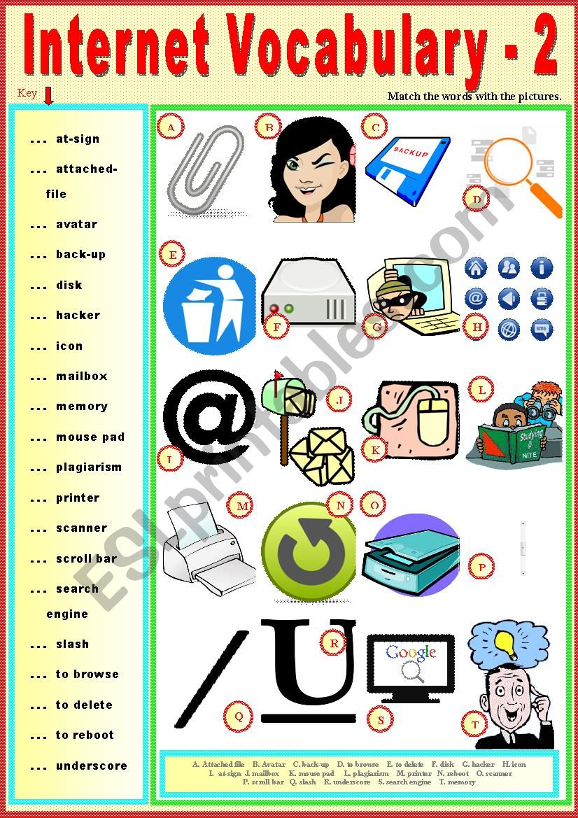 Internet Vocabulary-2. Matching exercise + KEY.  