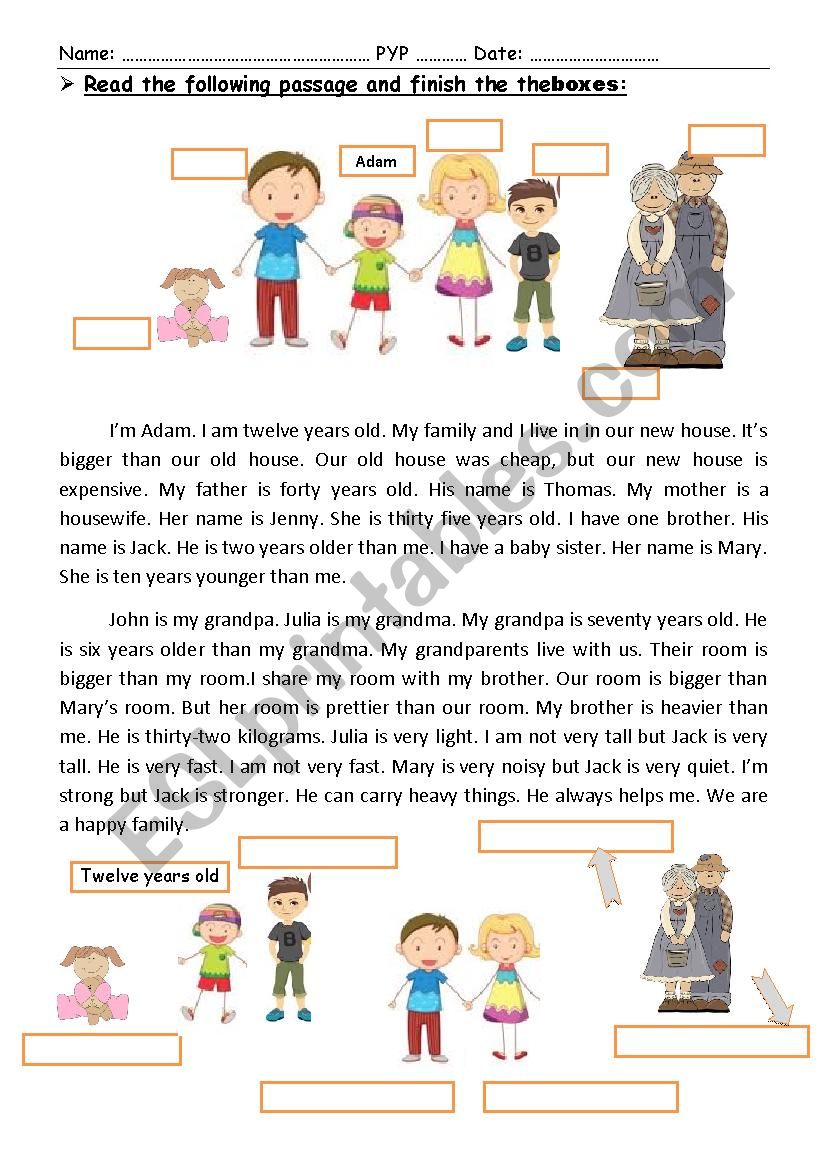 A reading comprehension passage about family. Focusing on comparative adj.