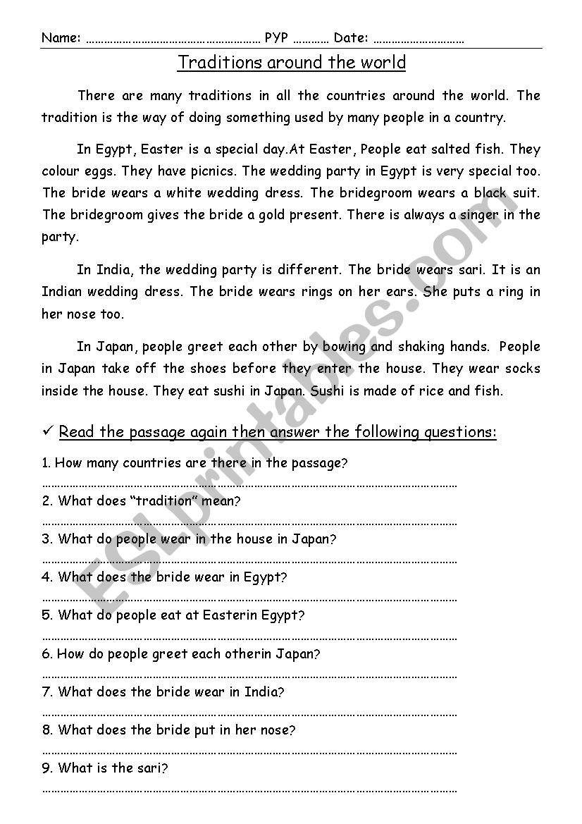 Traditions around the world. A reading comprehension passage