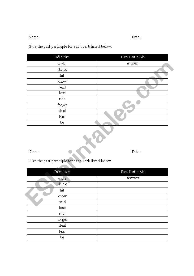 Past Participles Quiz worksheet